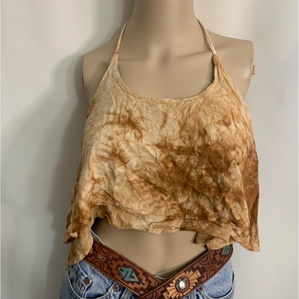 Y2K foreign exchange sand tan tie dye soft rayon halter crop top
